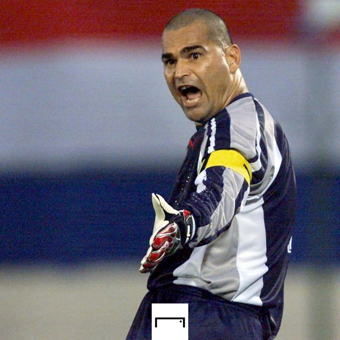 巴拉圭足球員José Luis Chilavert於2002年世界杯時吶喊 壁紙 — 一位身穿條紋球衣的足球守門員在夜間比賽中拿著手套激烈地大喊。