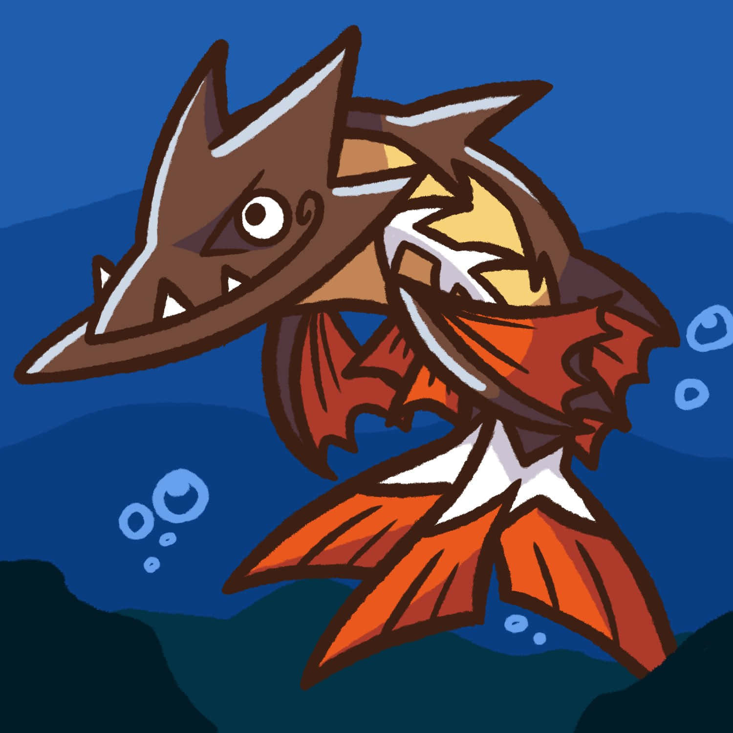 卡通鯊魚有橙色魚鰭在水中游動帶氣泡
