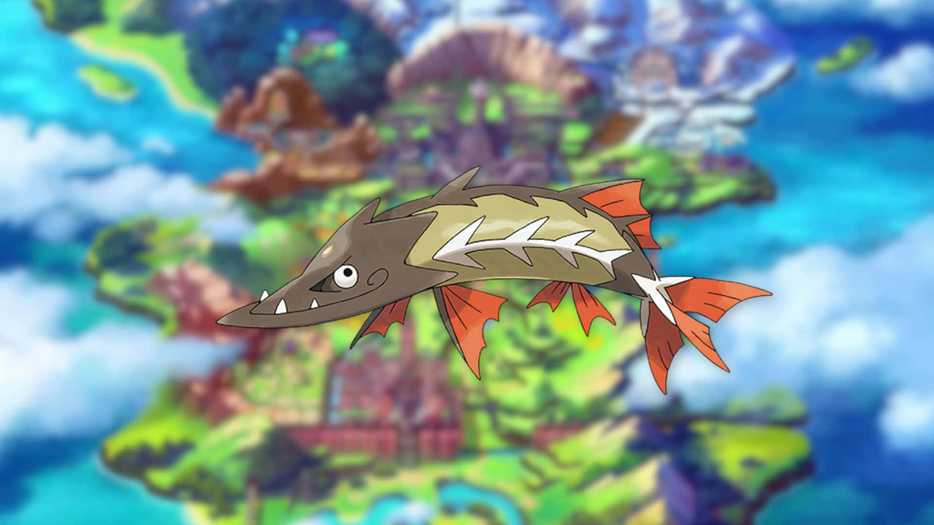 一隻帶有橙色魚鰭的魚類寶可夢在浮島上空飛行。
