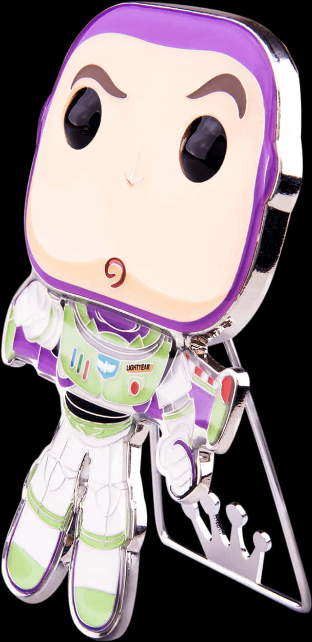 巴斯光年 Funko Pop 玩偶 壁紙 — 一個閃亮金屬質感 Funko Pop 風格巴斯光年徽章，配有紫色頭盔和綠色點綴，黑色背景。