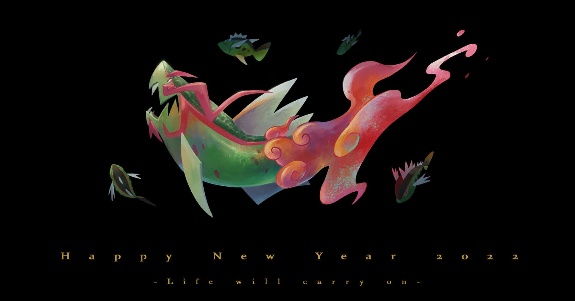 一條色彩繽紛的龍和魚在太空中游動，帶有新年文字。