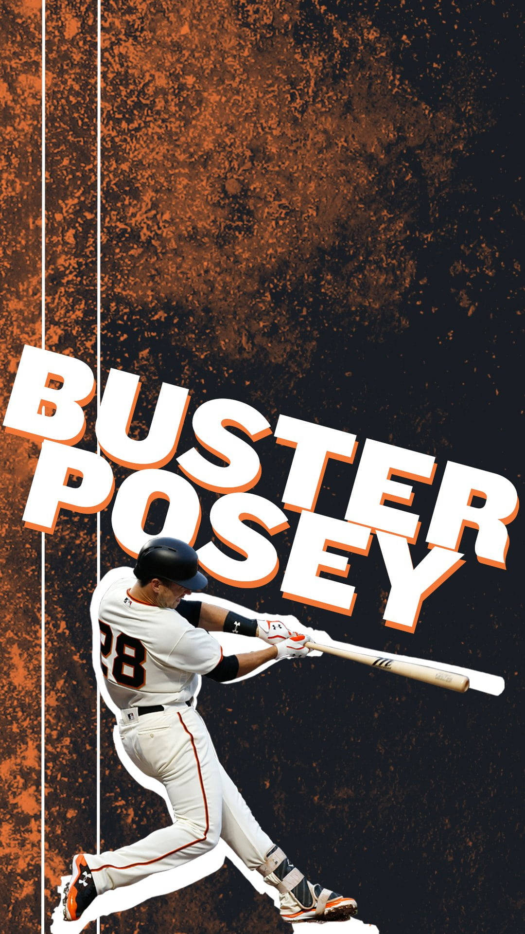 巴斯特·波西極限風壁紙 壁紙 — 身穿白色球衣的棒球選手Buster Posey在帶有紋理的橙色和黑色背景上揮棒，並配有粗體名字圖形。