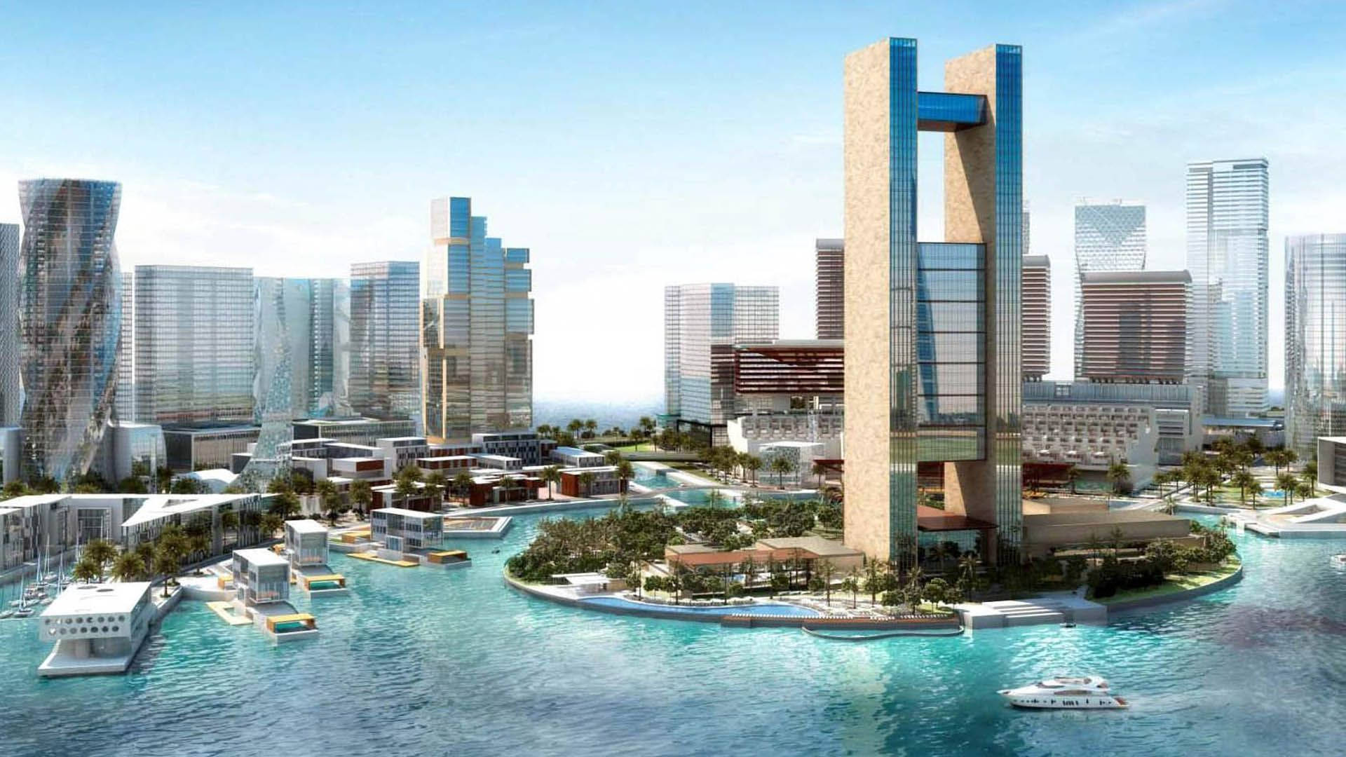 巴林樣板建築 壁紙 — 未來主義的海濱城市景觀，玻璃摩天大樓和中央塔樓被碧綠的海水和棕櫚樹環繞。