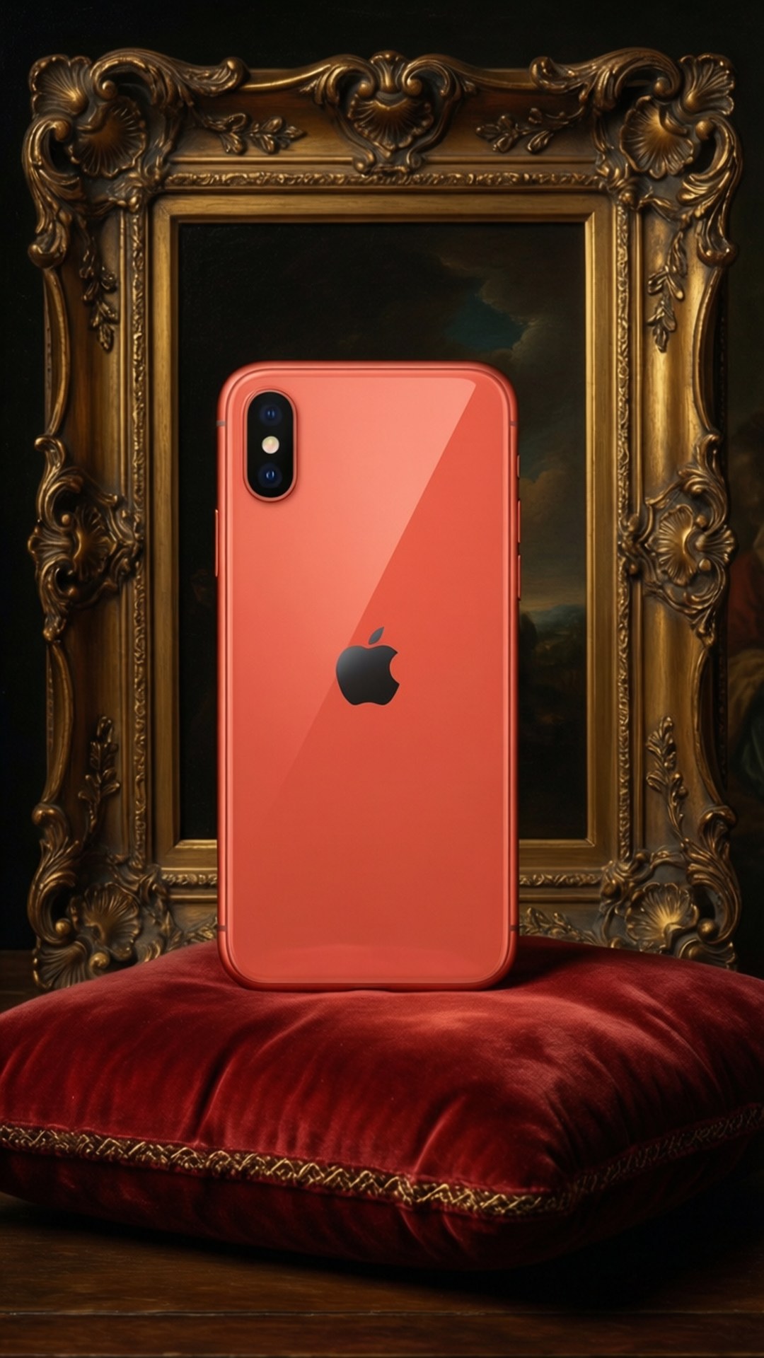 珊瑚色 iPhone X 在紅色天鵝絨墊子上，前面華麗金色畫框