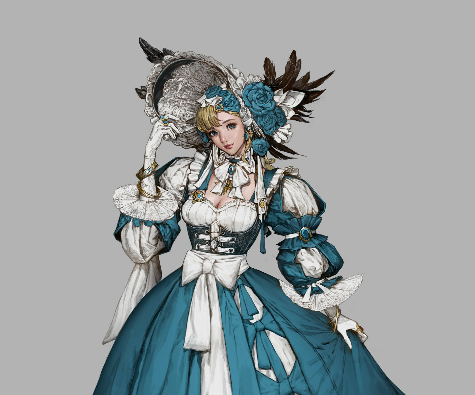 巴洛克風格禮服 壁紙 — 一位高貴的動漫女性，身穿藍白維多利亞禮服，戴著羽毛帽和玫瑰，在純灰色背景前擺姿勢。