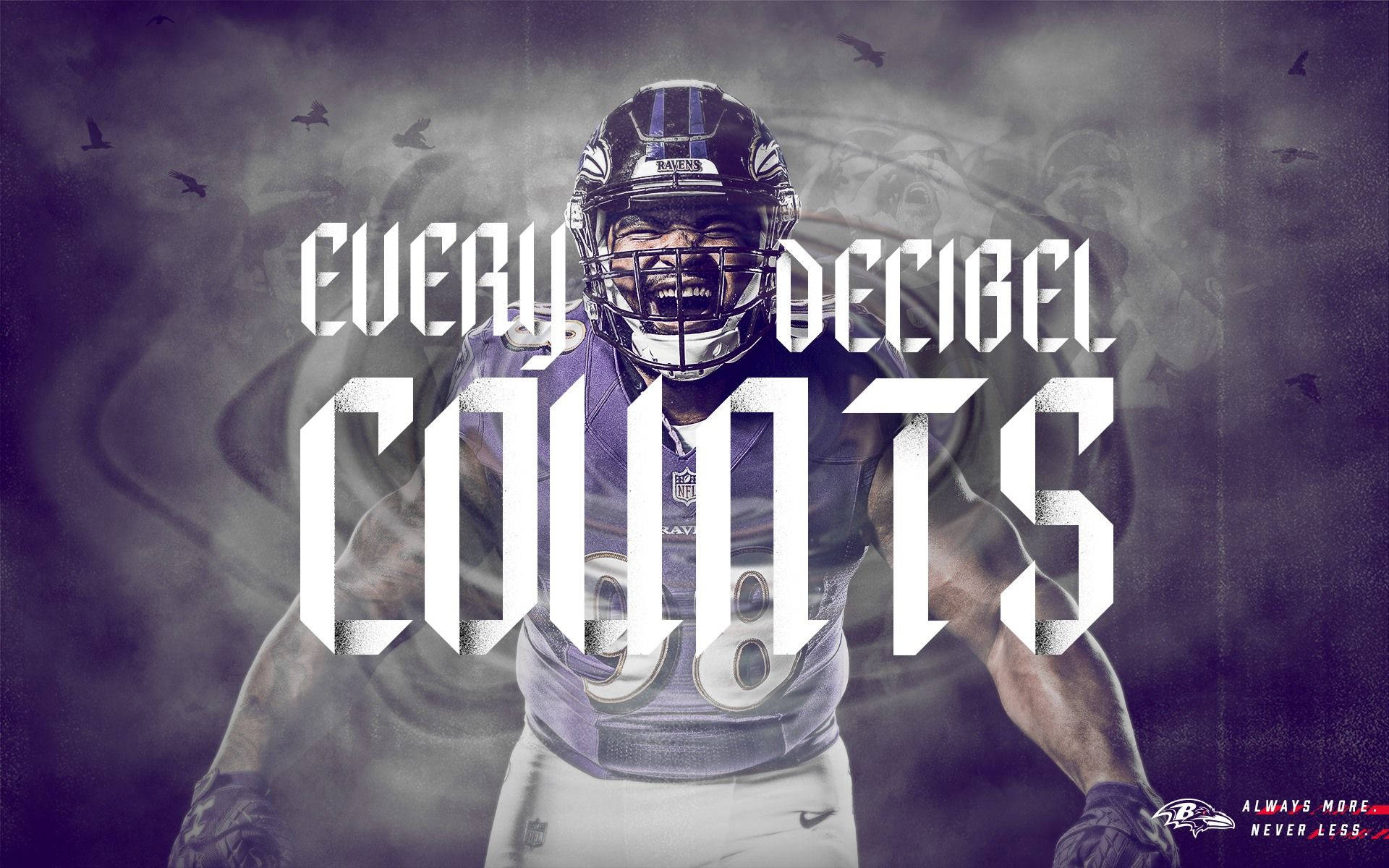 身穿 Ravens 球衣的足球員咆哮，附有 'every decibel counts' 文字。