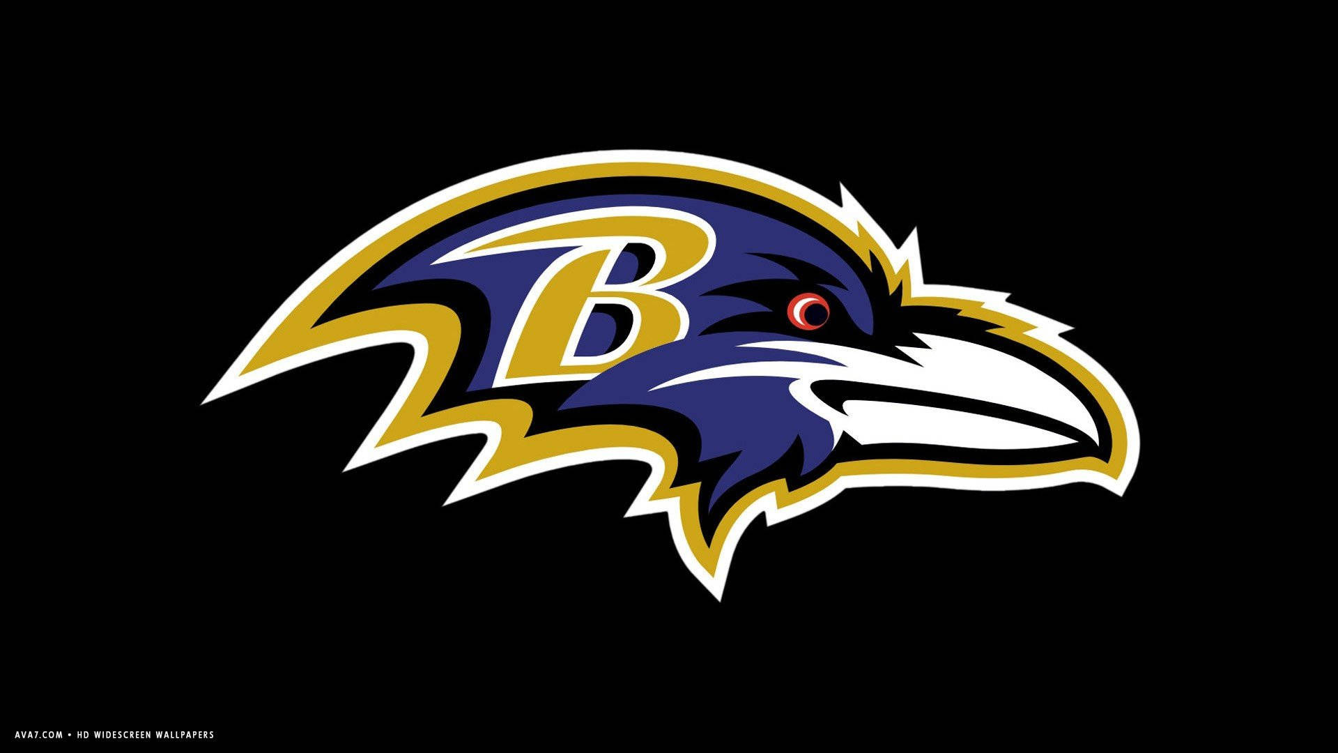 巴爾的摩烏鴉隊NFL球隊標誌，紫色、金色和白色在黑色背景上。