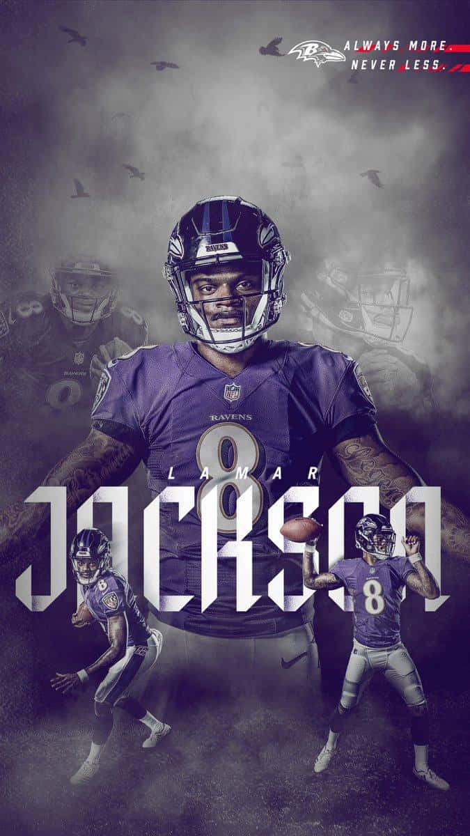 Lamar Jackson 身穿烏鴉隊制服，帶有幽靈般的動作姿勢和鳥兒在煙霧背景中飛翔。