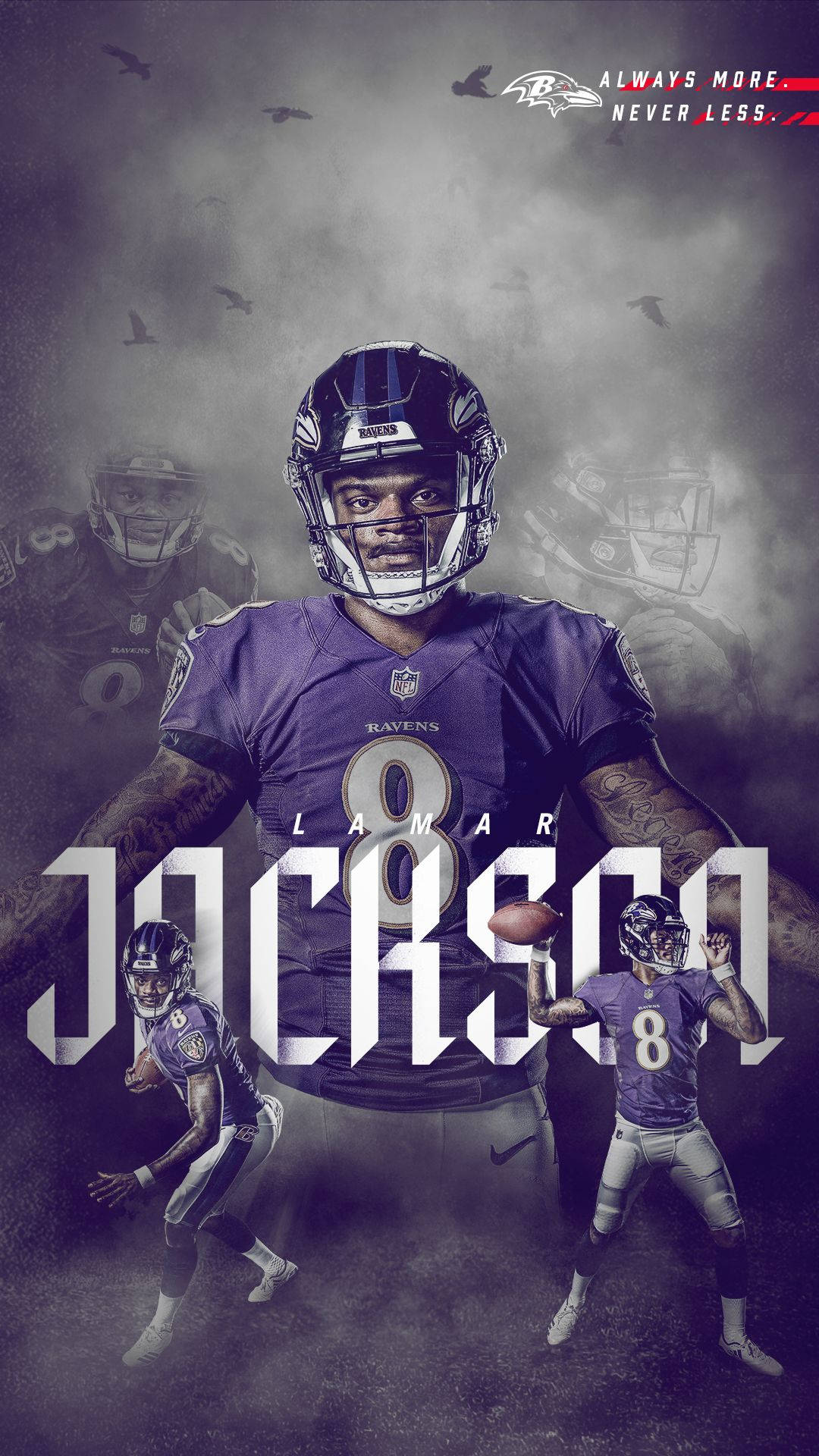 Lamar Jackson 身穿烏鴉隊制服，背景迷霧繚繞、飛鳥翱翔。