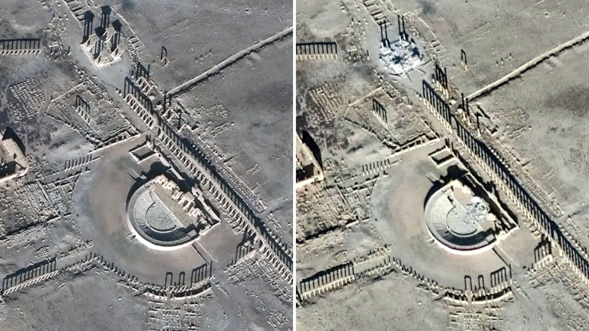 巴爾米拉古羅馬劇場衛星鳥瞰圖 壁紙 — 乾燥沙漠地形中帶有圓形圓形劇場和豎立柱子的古代遺跡鳥瞰圖。