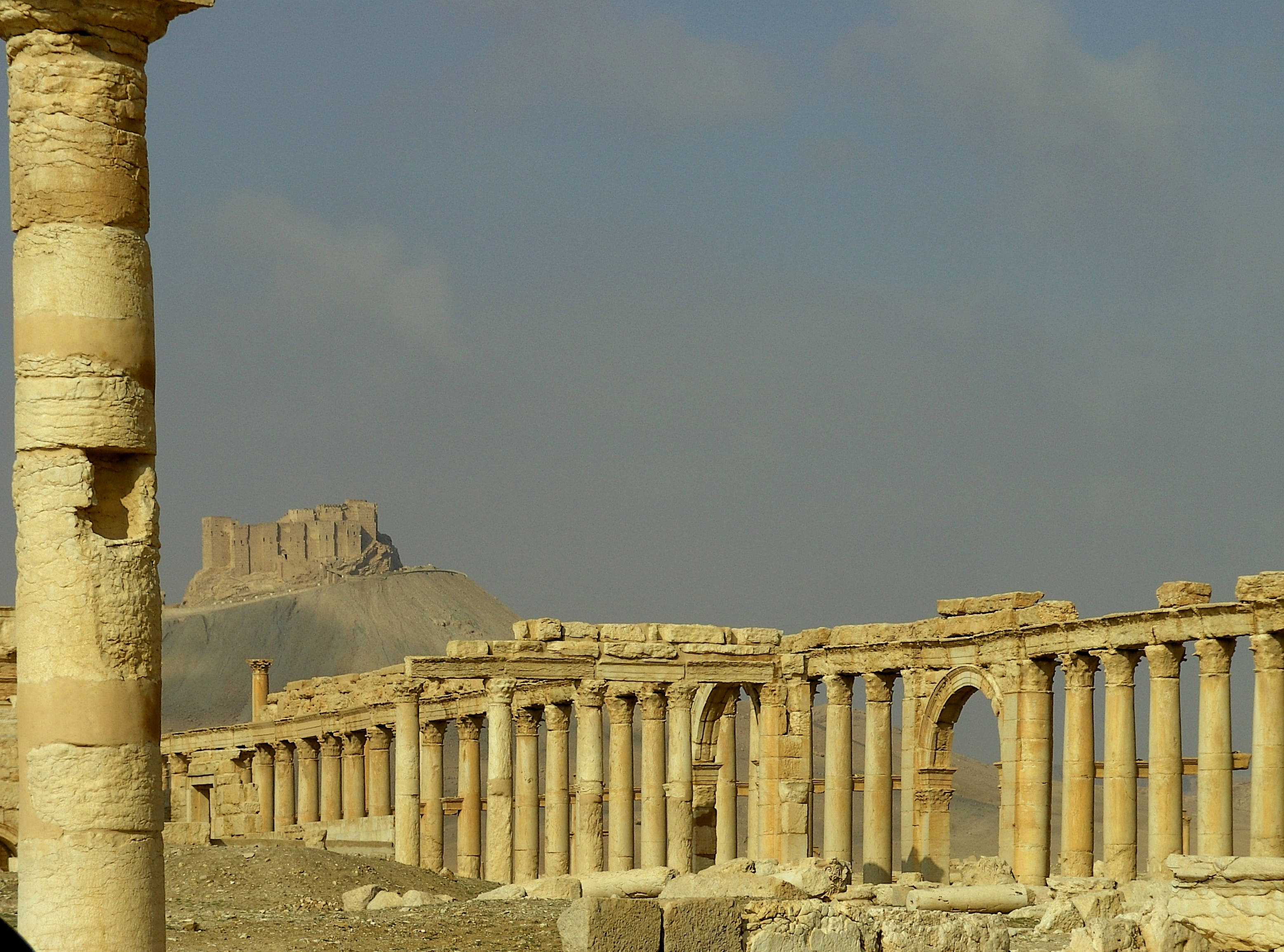 巴爾米拉羅馬遺跡的堅固柱廊 壁紙 — 一座廢墟神廟的古老石柱和拱門矗立在沙漠景觀中，遠方山丘上有一座堡壘，天空朦朧。