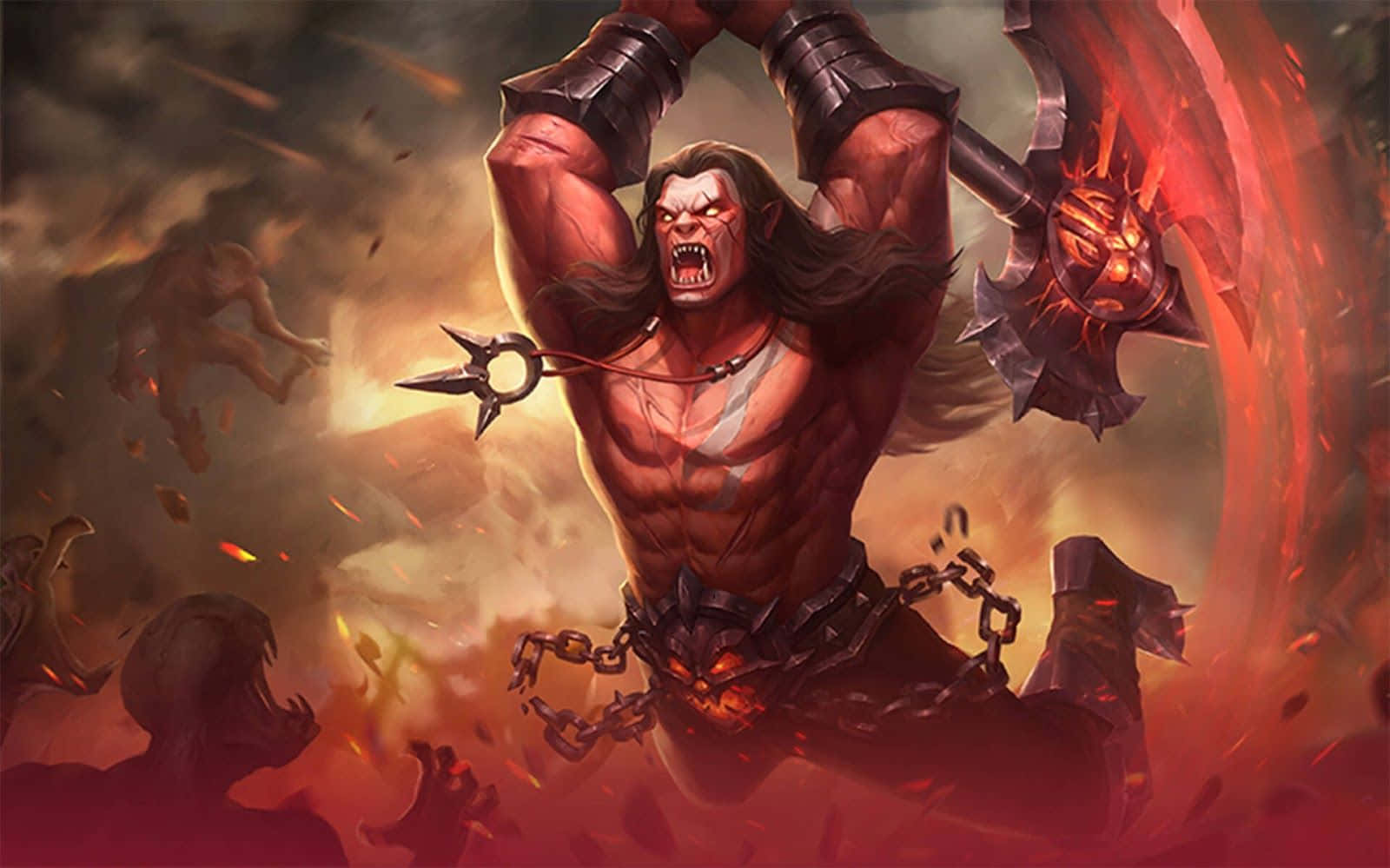 巴爾蒙德戰場《Mobile Legends》 壁紙 — 一個肌肉發達的獸人戰士在火焰混亂和倒下的敵人中咆哮，揮舞著一把燃燒的斧頭。