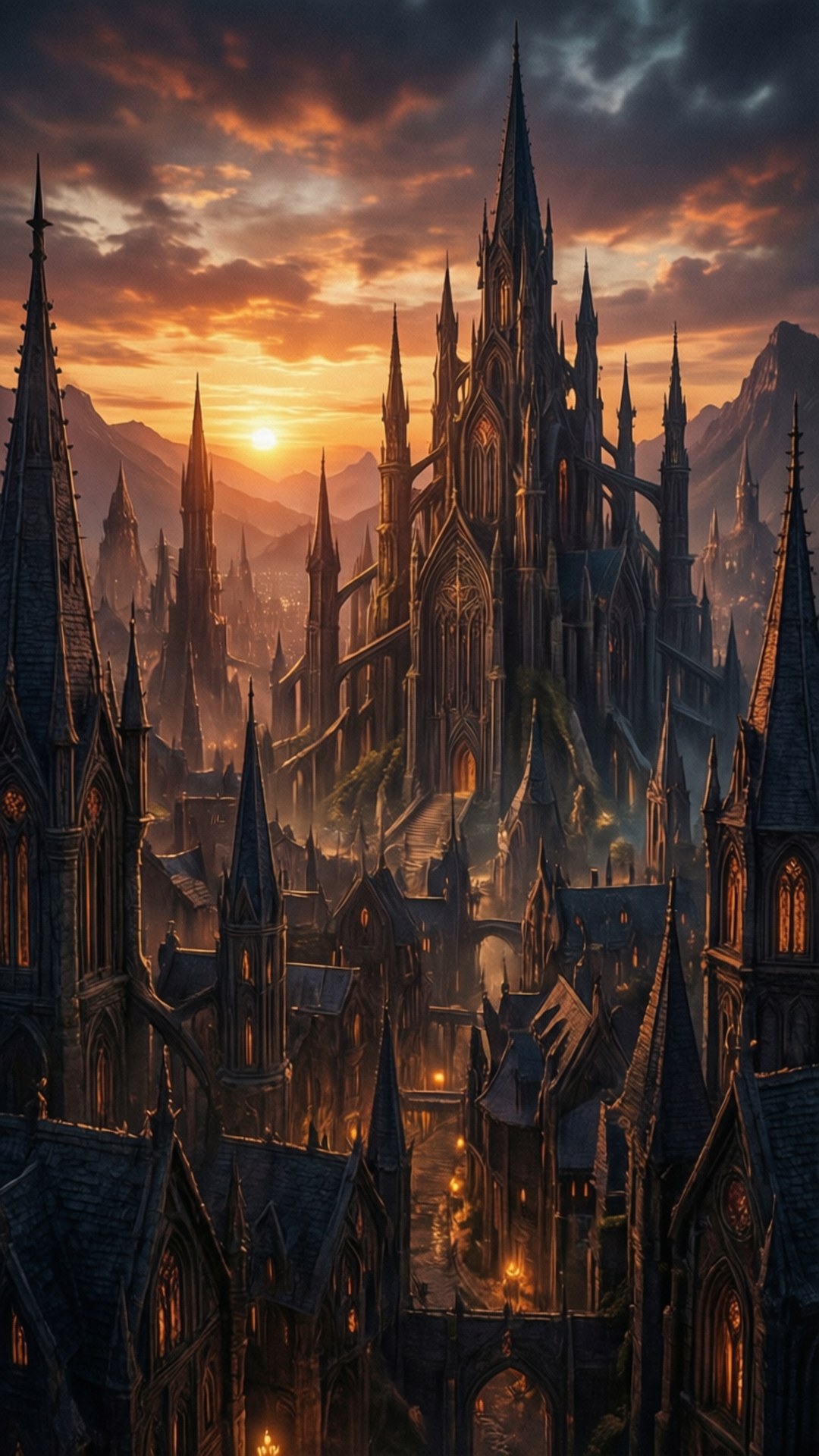 巴爾都爾之門夕照全景 壁紙 — 一座宏偉的哥德式大教堂在日落時分莊嚴地聳立，其尖塔刺穿霧氣瀰漫的山谷上方，燃燒般的橙色和紫色天空。