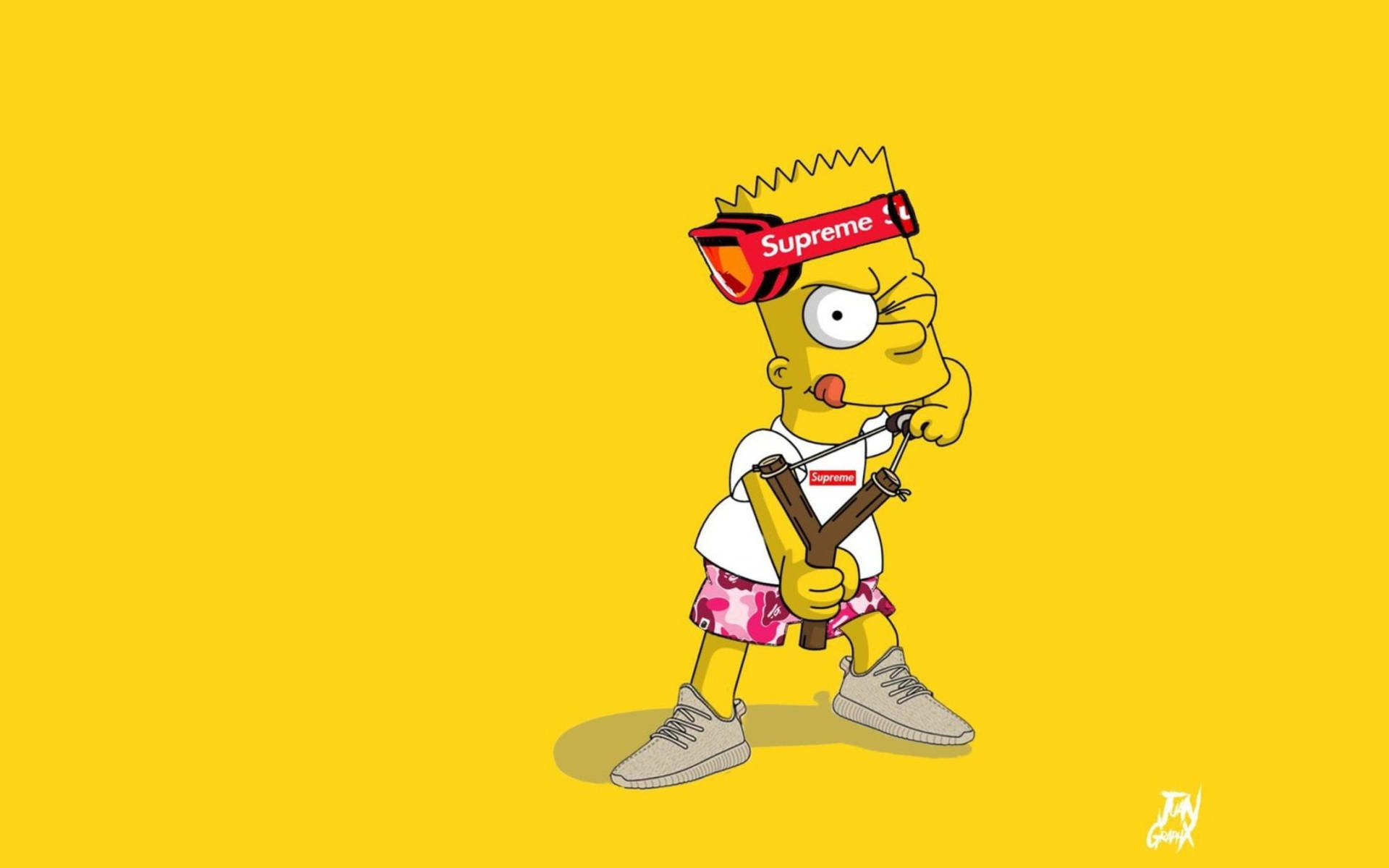 Bart Simpson 戴住 Supreme 帽同 Yeezy 波鞋，揸住彈弓。