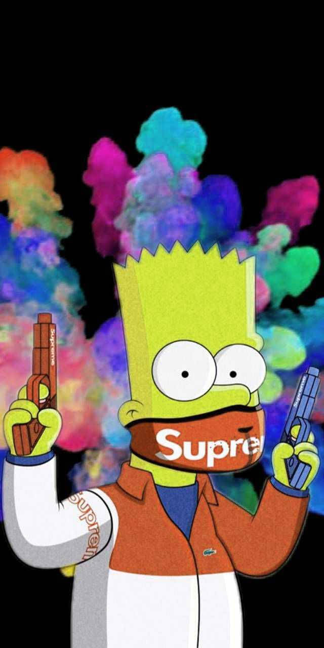 穿著Supreme服裝的巴特·辛普森手持兩把槍，身後有色彩繽紛的煙霧。