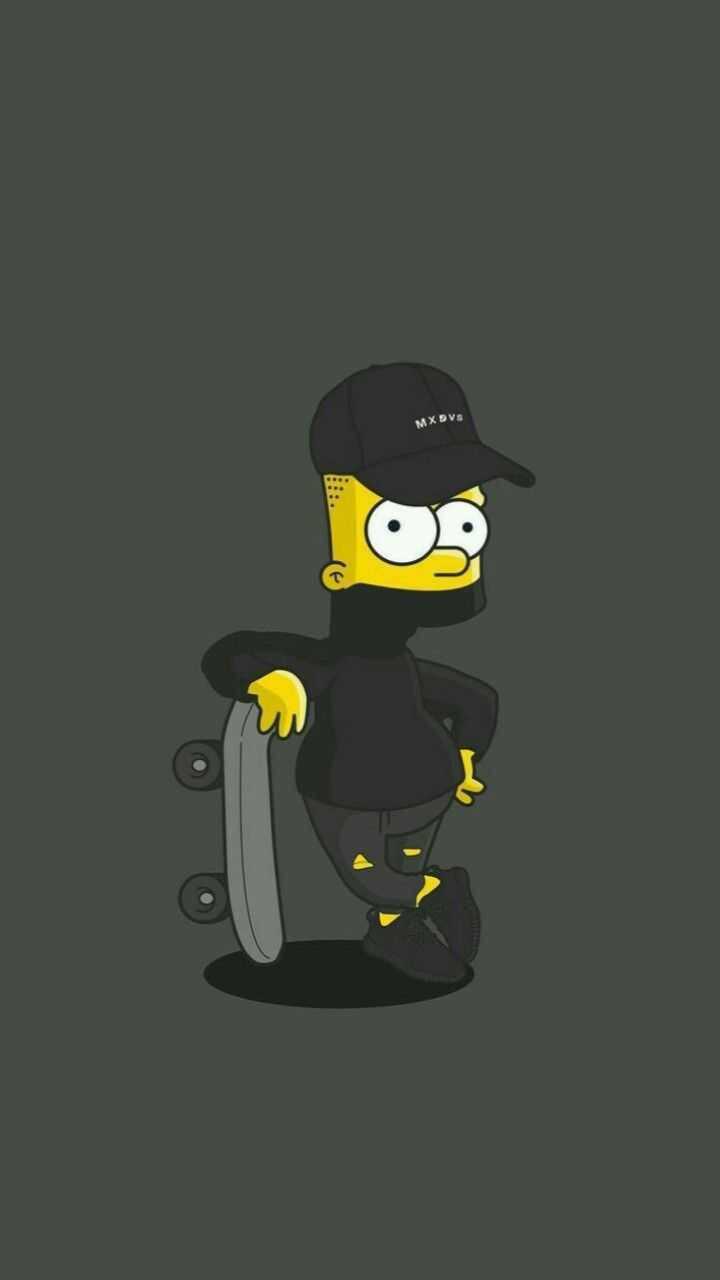 巴特·辛普森全黑造型 壁紙 — 辛普森角色穿著黑色街頭服飾，在深灰色背景前拿著滑板。