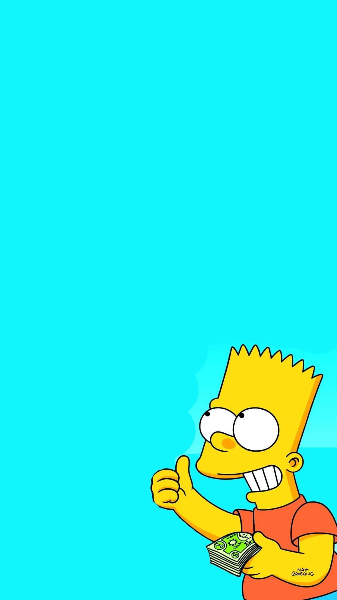 辛普森一家 桌布 壁紙 — 巴特·辛普森咧嘴笑並豎起大拇指，同時拿著一疊鈔票，背景為純青色。