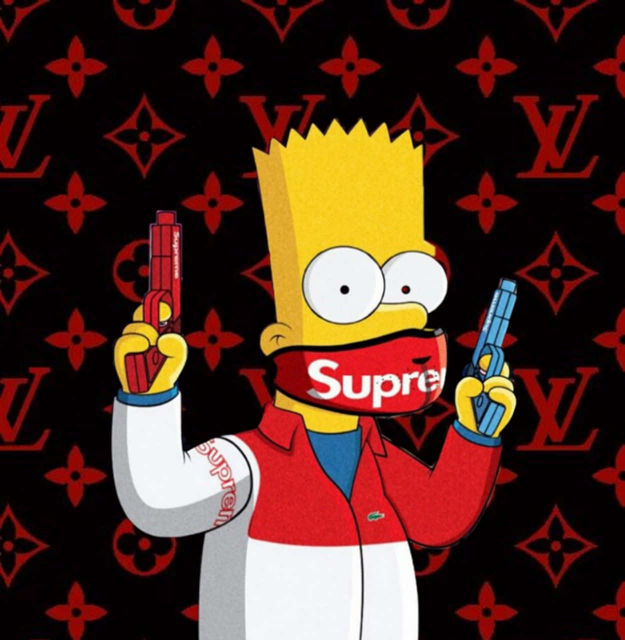 巴特·辛普森戴上Supreme面具，手持玩具槍，背景為Louis Vuitton圖案。