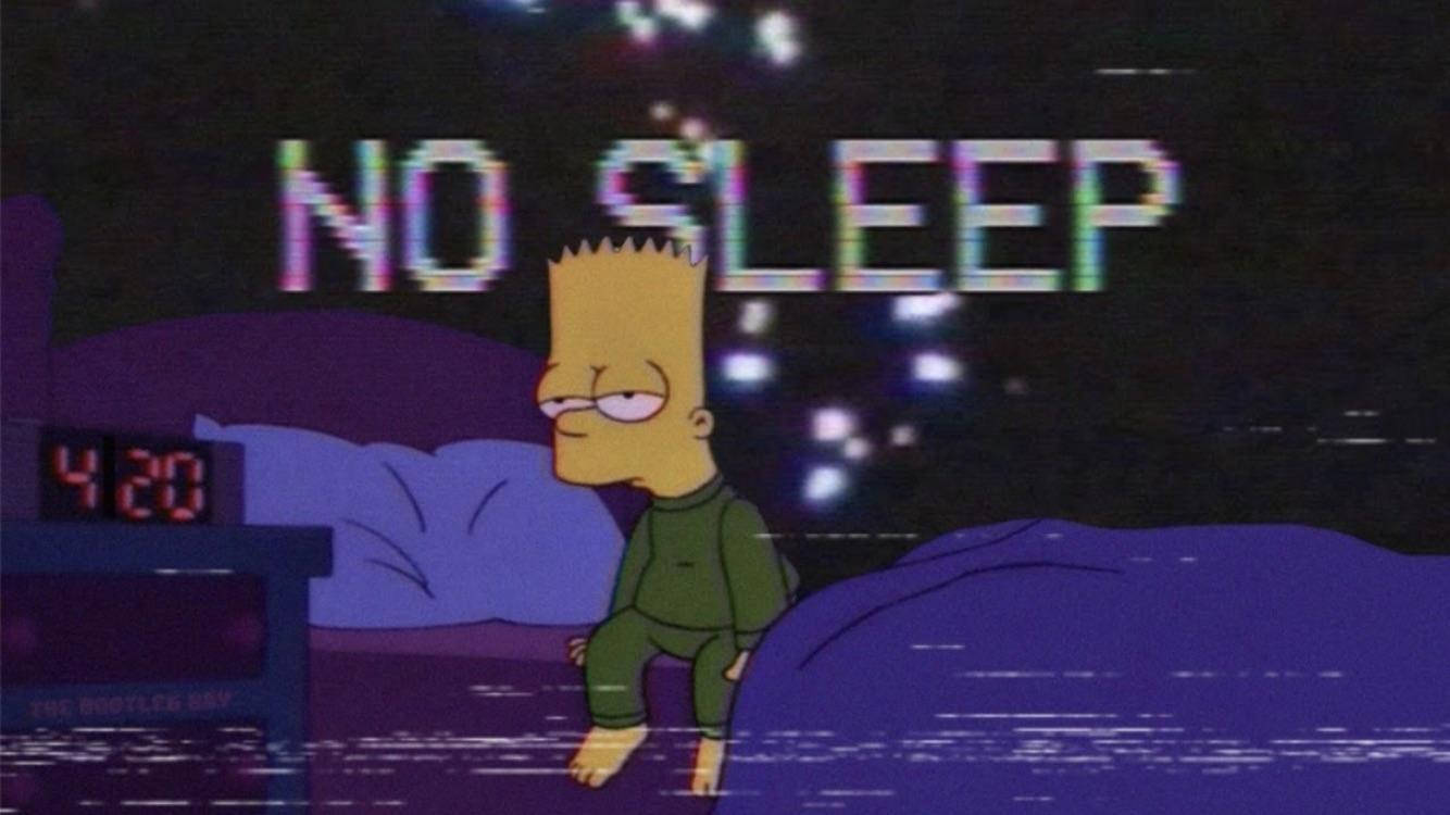 Sad Simpsons 桌布 壁紙 — 巴特·辛普森在凌晨4點20分坐在床上醒著，房間是深紫色，上方有「NO SLEEP」的故障文字。