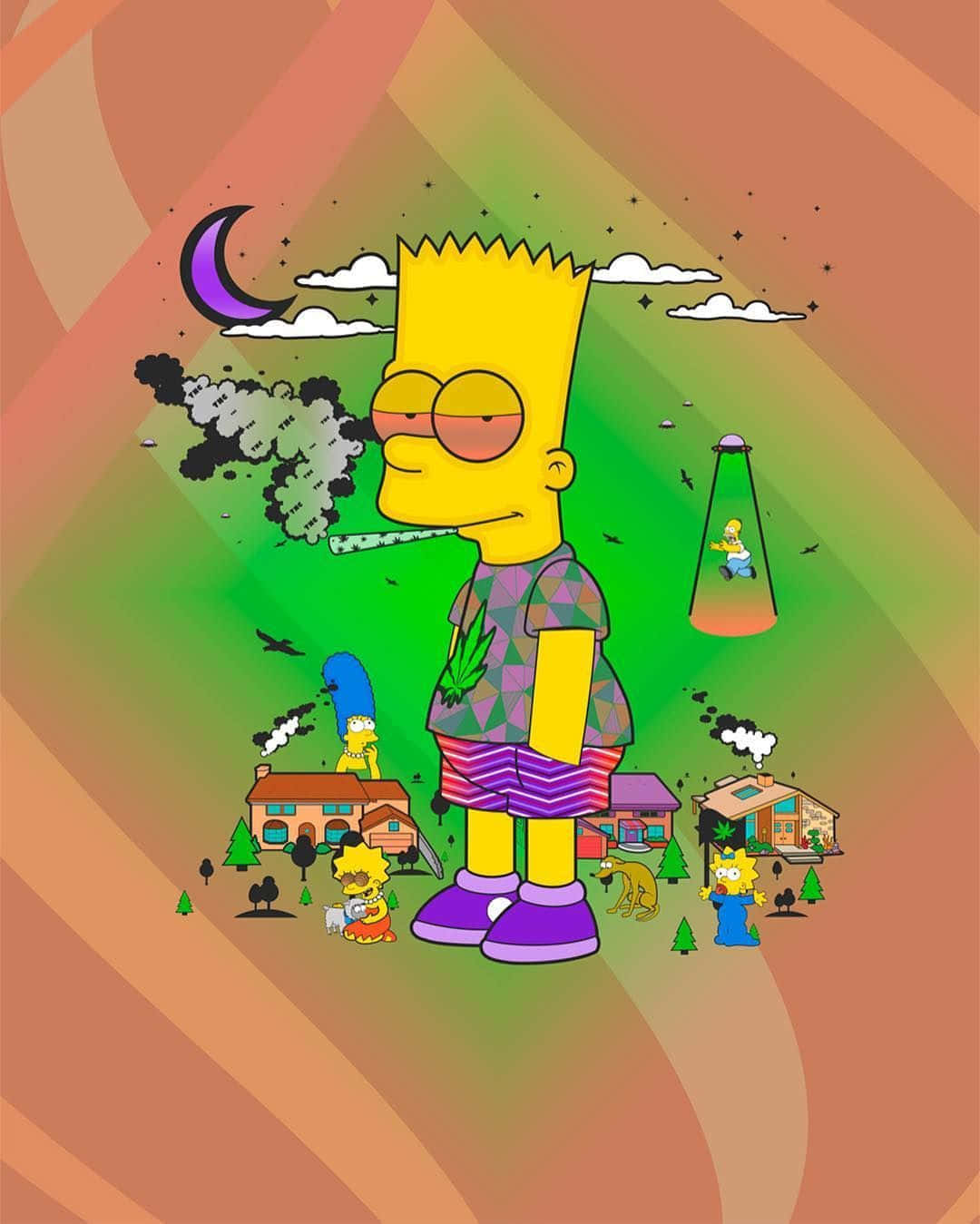 辛普森一家 桌布 壁紙 — 巴特·辛普森在彎月下吸食大麻，而外星UFO在他郊區的社區上空盤旋。