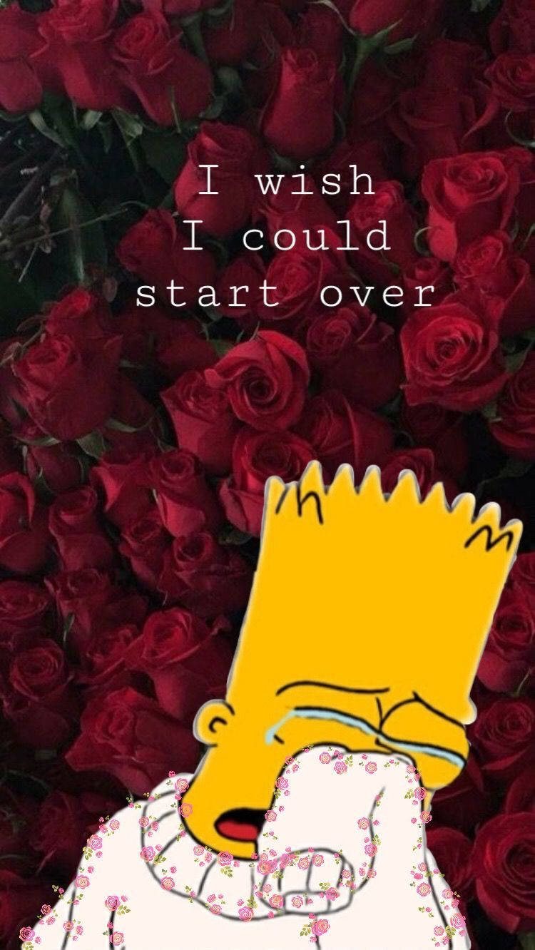 Sad Simpsons 桌布 壁紙 — 巴特·辛普森在深紅玫瑰背景下掩面哭泣，並有文字疊加。