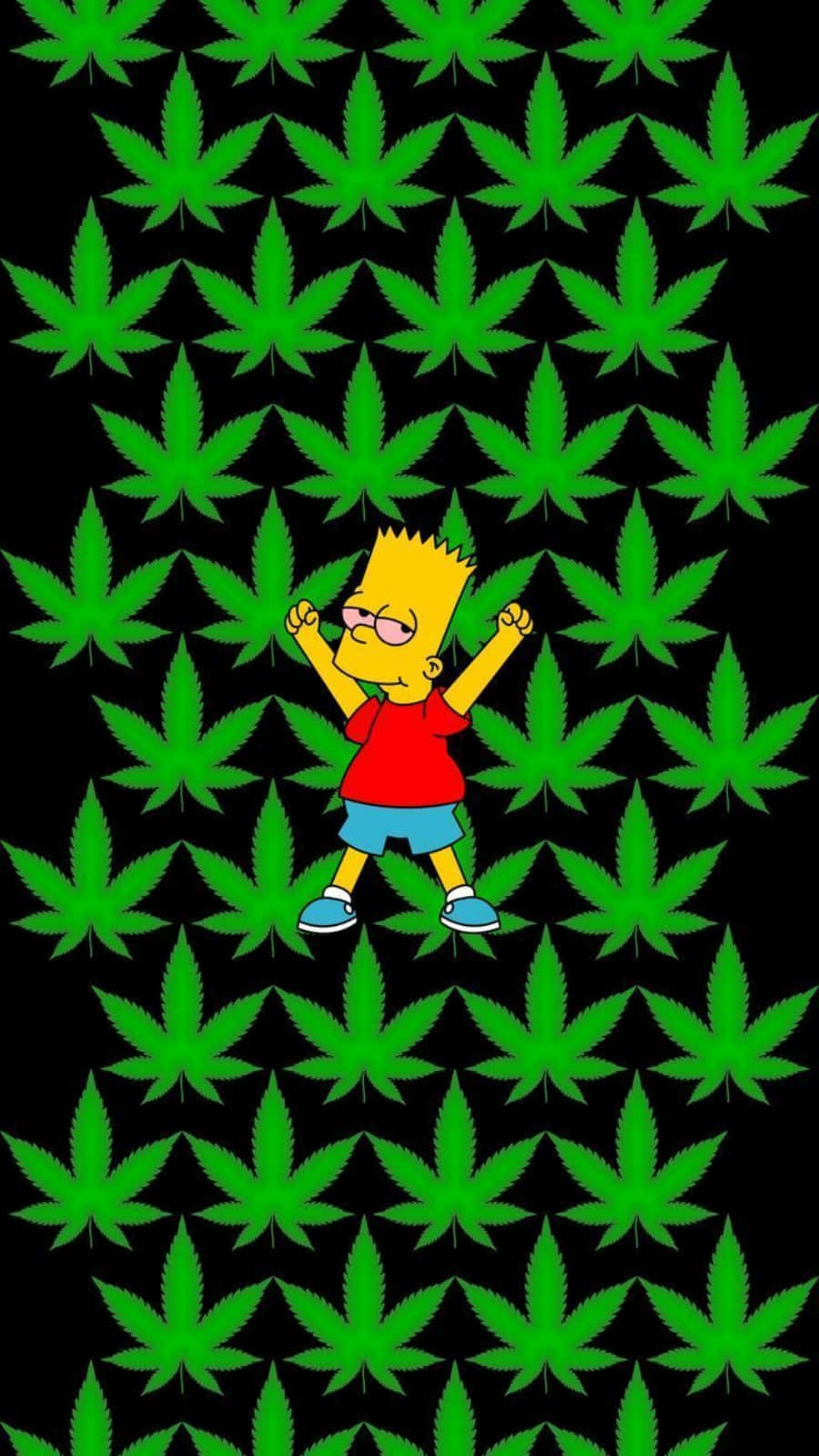 Shit Dope Weed Simpson 壁紙 — 巴特·辛普森在黑色背景上重複的亮綠色大麻葉圖案中快樂地跳舞。