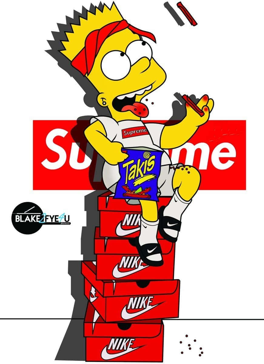 巴特·辛普森坐在Supreme鞋盒上 壁紙 — 巴特·辛普森坐在一堆紅色Nike盒子上，拿著一袋Takis和一支紅色棒棒糖，白色背景上有Supreme標誌。