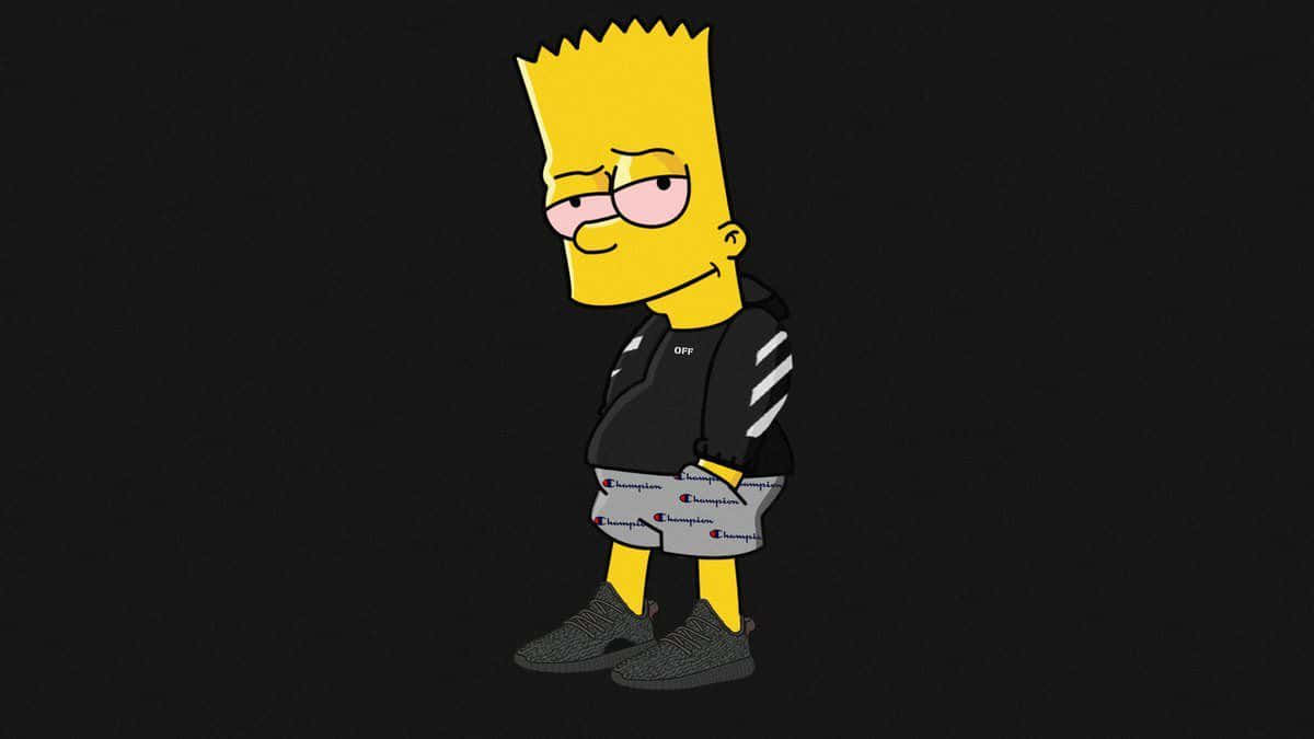 巴特·辛普森穿著街頭服飾站在深色背景前。