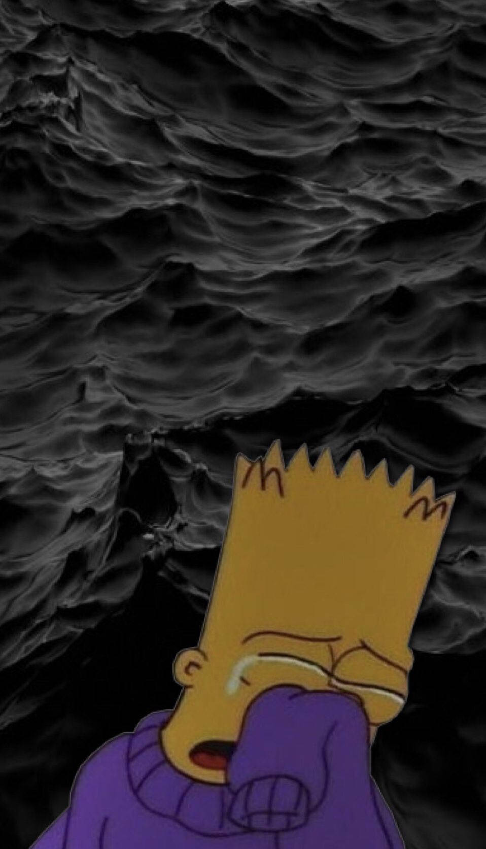 Sad Simpsons 桌布 壁紙 — 巴特·辛普森對著洶湧的黑色波浪背景，將臉埋在拳頭裡哭泣。
