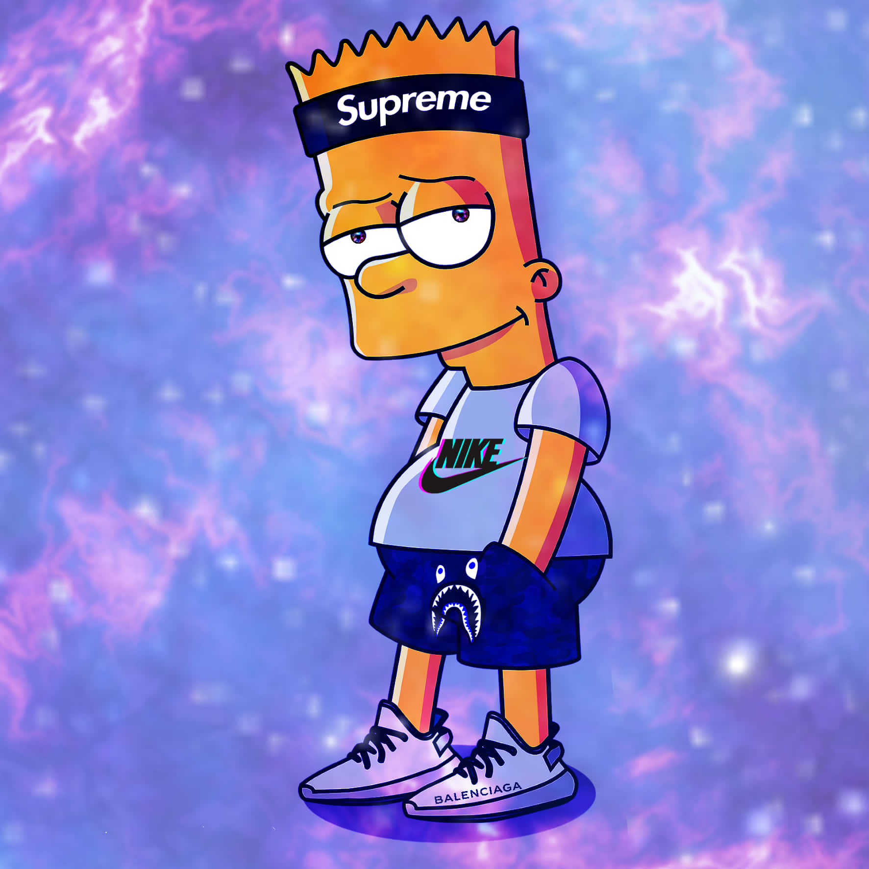 穿著時尚街頭服的 Bart Simpson 站在宇宙背景前。