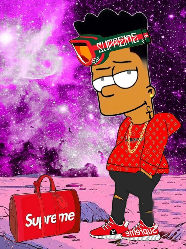 卡通角色穿著 Supreme 品牌服裝，在粉紅色外星行星上，紫色星系天空。