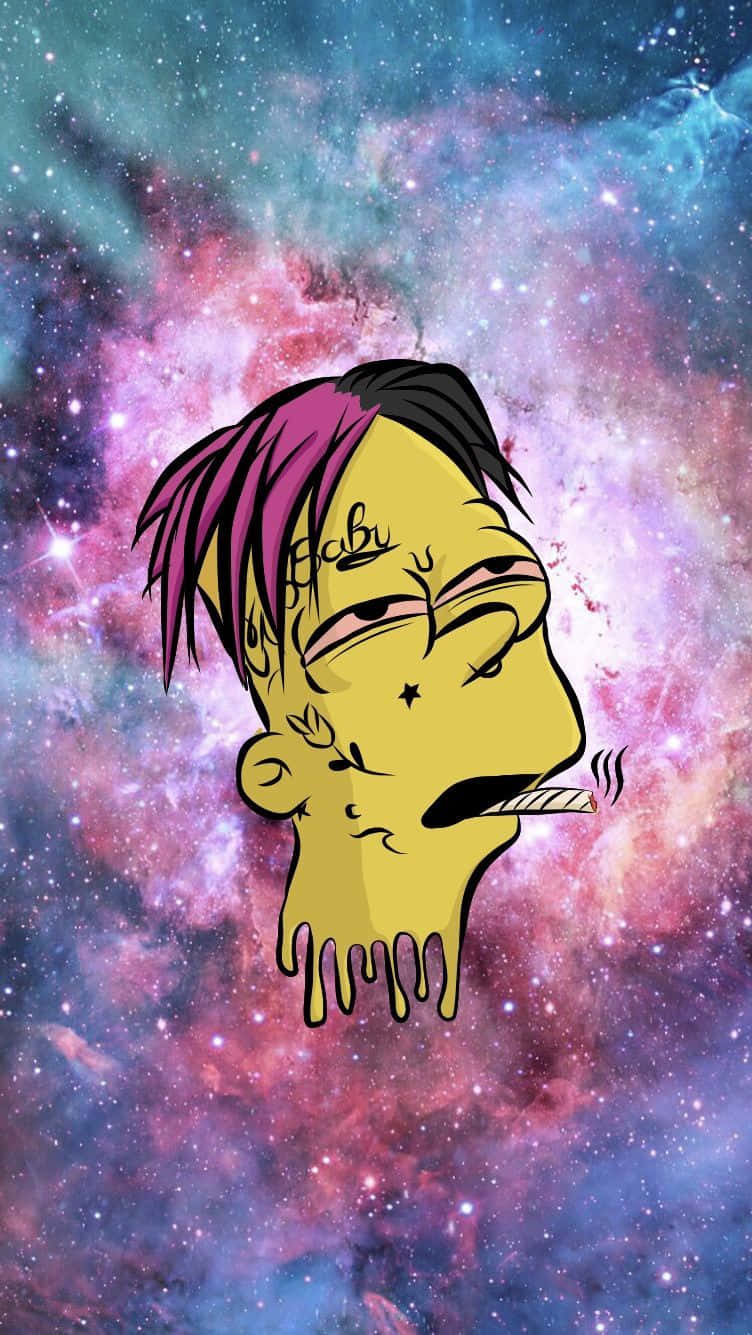 卡通角色在色彩繽紛的星空背景下吸食大麻煙