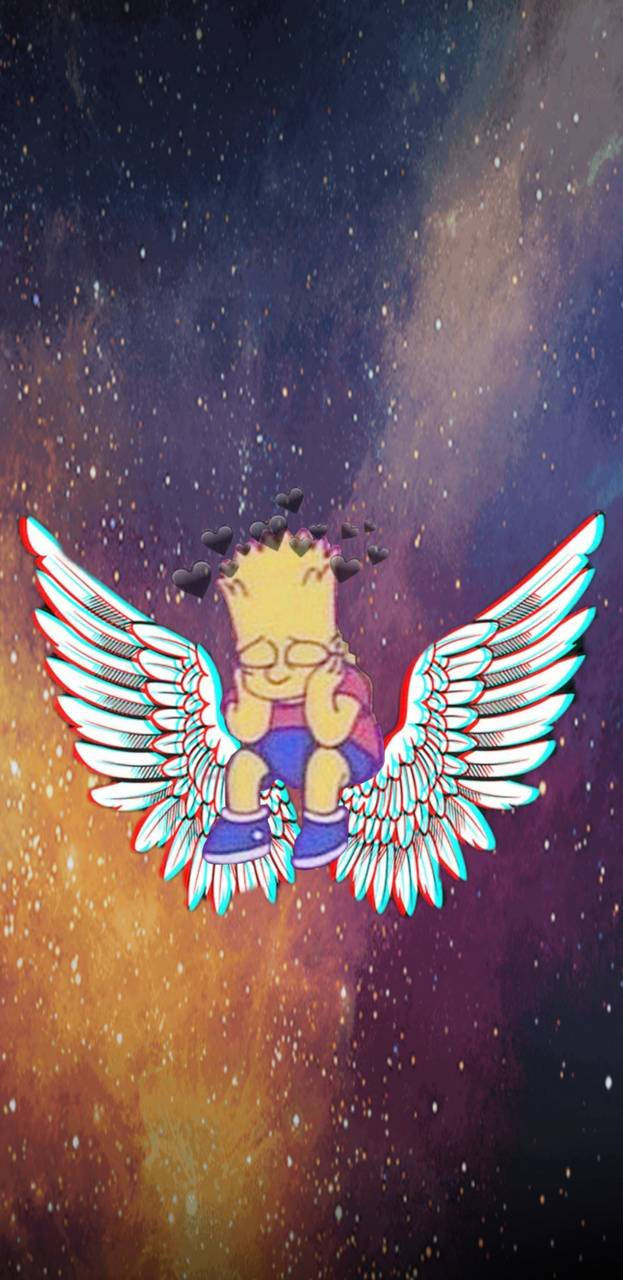 巴特·辛普森 桌布 壁紙 — 巴特·辛普森帶著天使翅膀，在充滿星星和漂浮心形的多彩宇宙星雲中平靜地漂浮。