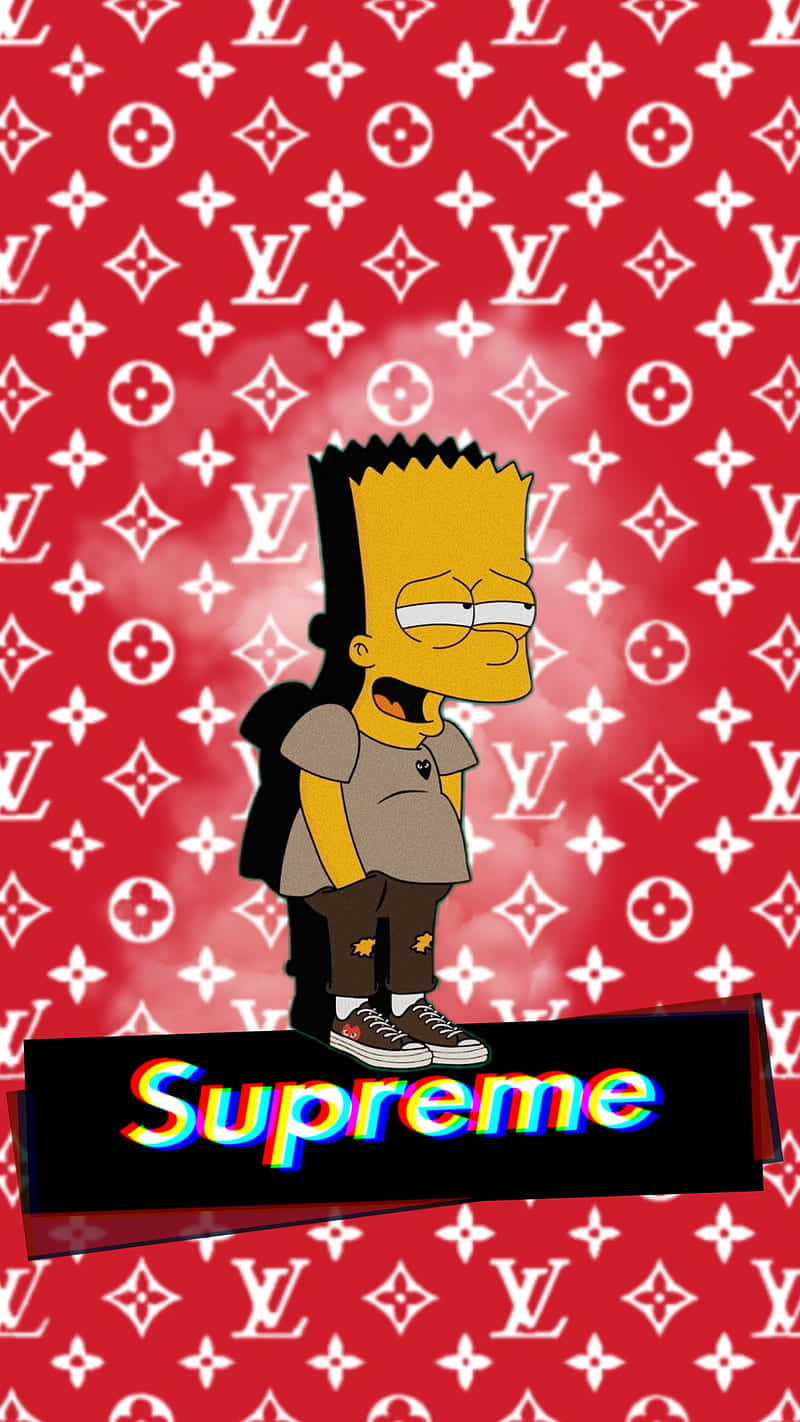 巴特·辛普森穿著街頭服飾，站在帶有Supreme標誌的紅色Louis Vuitton圖案前。