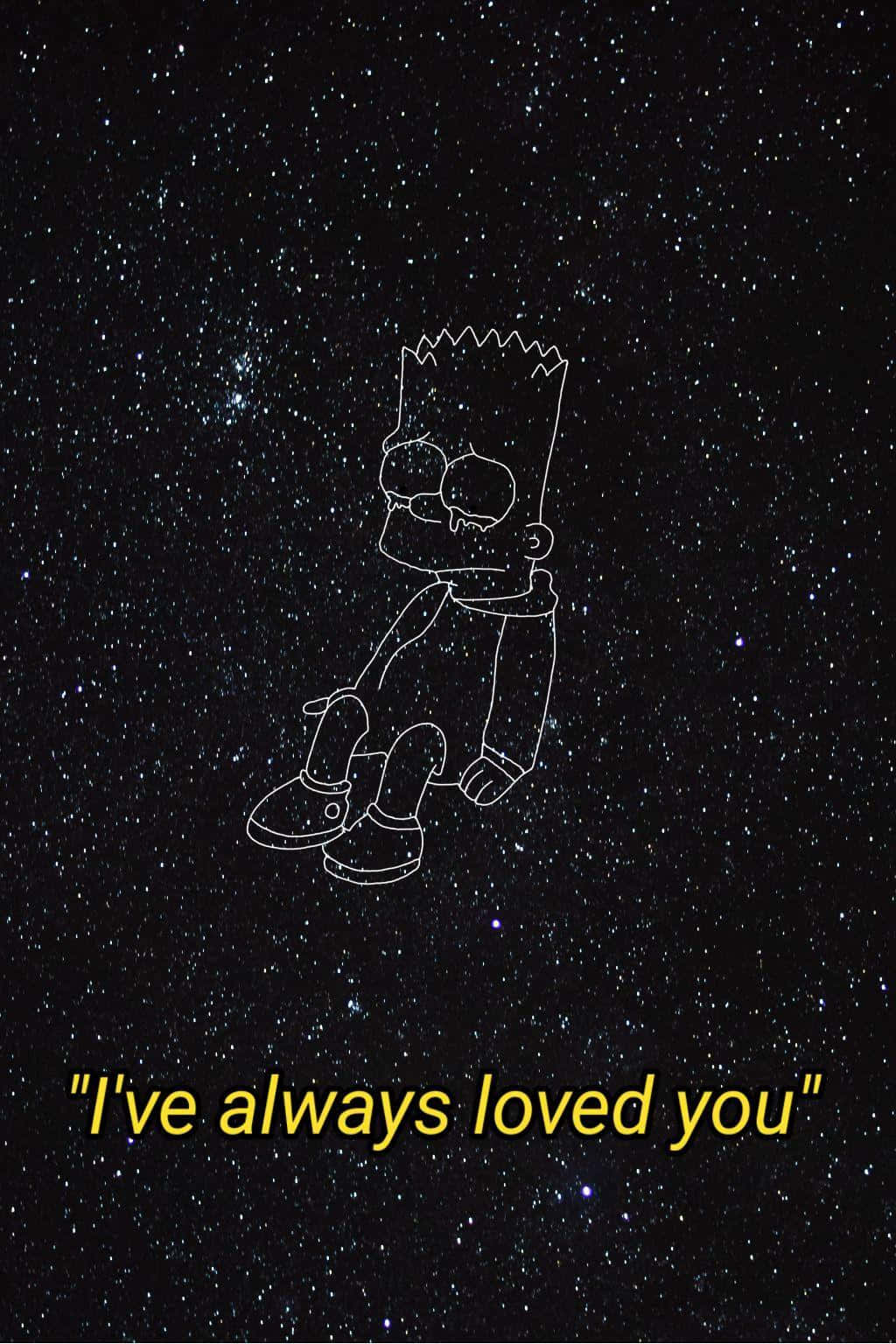巴特·辛普森輪廓在星空夜中漂浮，附有引用句我一直愛你
