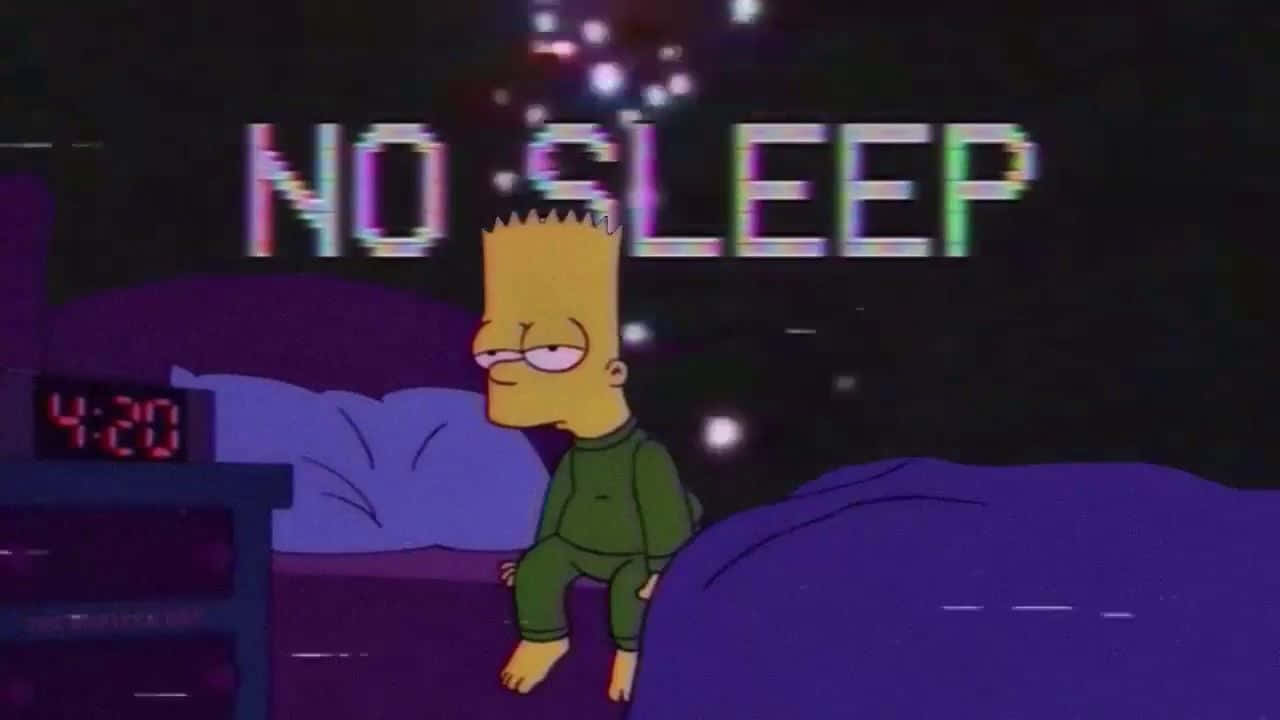 巴特·辛普森在凌晨4點20分坐在床上醒著，在一個深紫色的房間裡，下方有『NO SLEEP』的故障文字。