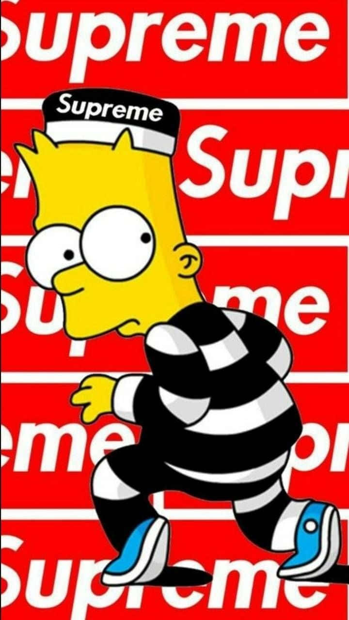 巴特·辛普森戴Supreme帽子 壁紙 — 巴特·辛普森穿著黑白條紋服裝，在充滿重複Supreme標誌的紅色背景上奔跑。