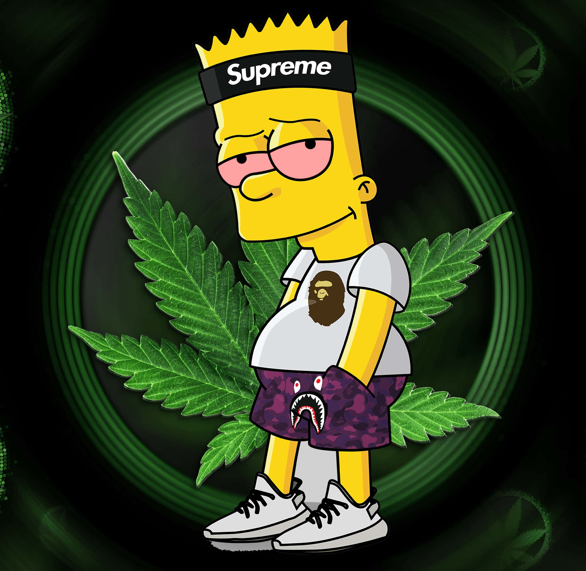 Bart Simpson Gangster 桌布 壁紙 — 巴特·辛普森戴著Supreme帽、穿著Bape T恤，自信地站在發光的綠色大麻葉中，背景是黑暗旋轉的。