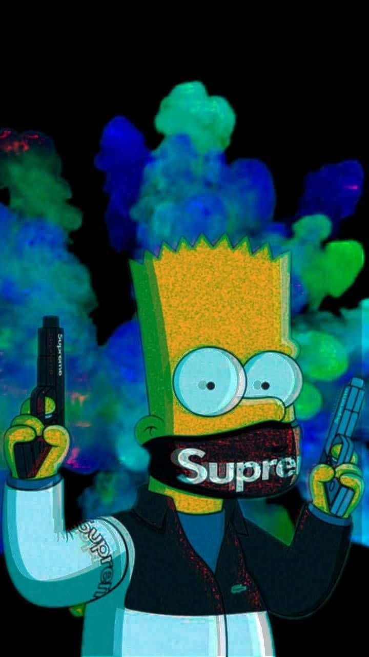 巴特·辛普森手持兩把槍，戴著Supreme面具，身後有彩色煙霧。