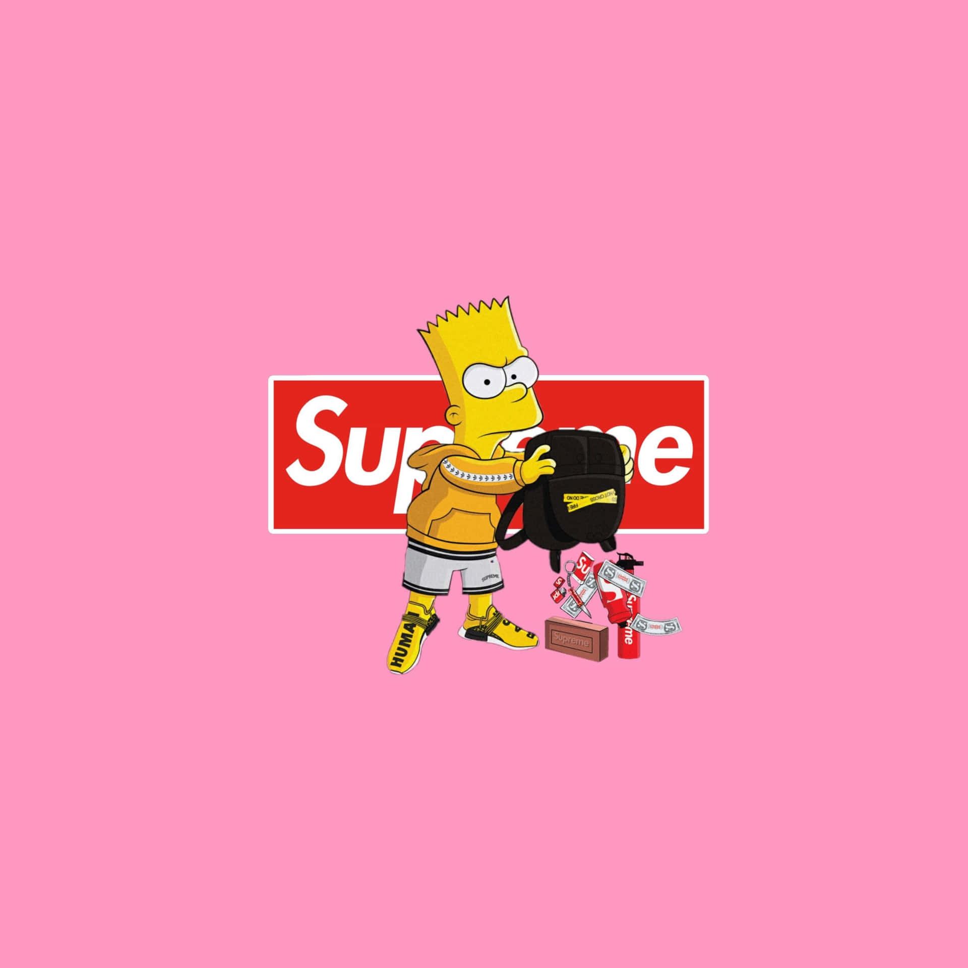 巴特·辛普森在粉紅色背景上拿著Supreme背包和品牌物品。