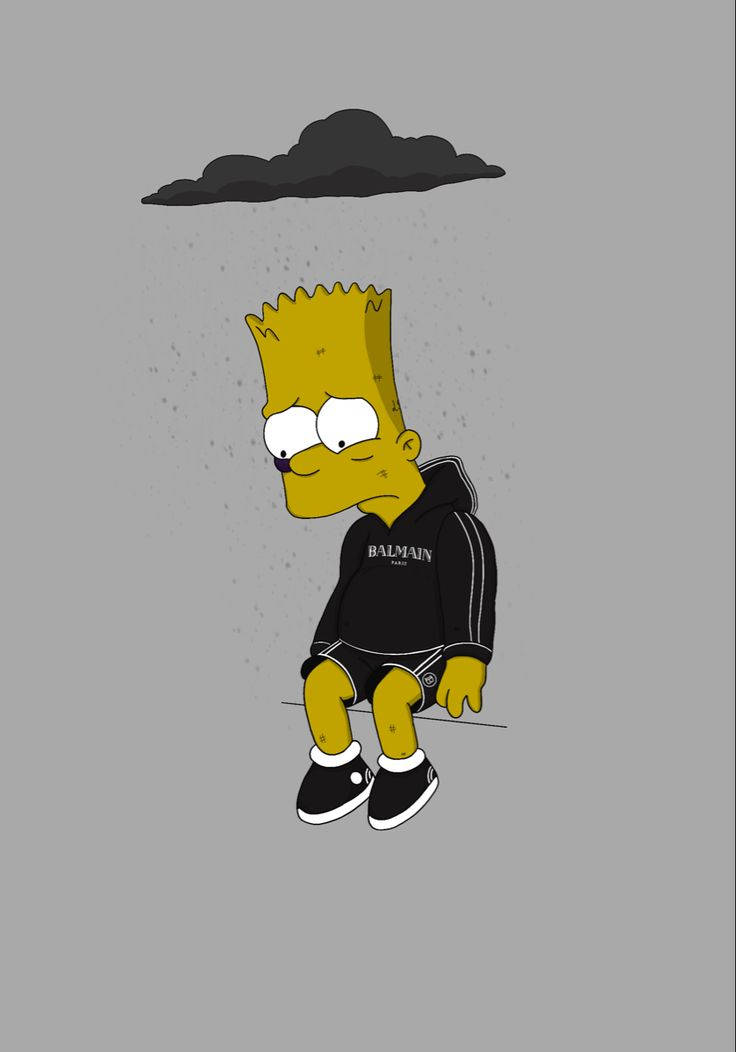 bart simpson sad boy 桌布 壁紙 — 巴特·辛普森沮喪地坐在一朵向他下雨的烏雲下，背景是純灰色。