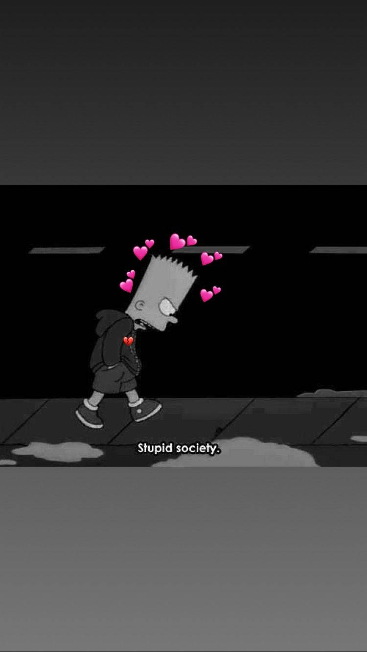 Sad Simpsons 桌布 壁紙 — 巴特·辛普森沮喪地走在一條黑暗的街道上，粉紅色的心形漂浮在他的頭頂，胸口有一個心形紋身。
