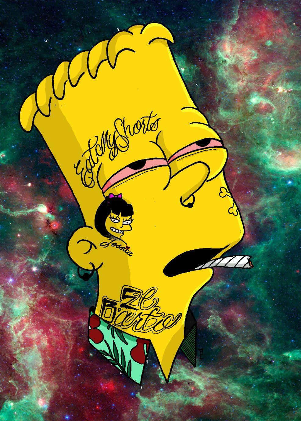 Bart Simpson Gangster 桌布 壁紙 — 巴特·辛普森漂浮在色彩繽紛的宇宙星雲中，身上有紋身和一支香煙，穿著夏威夷襯衫。