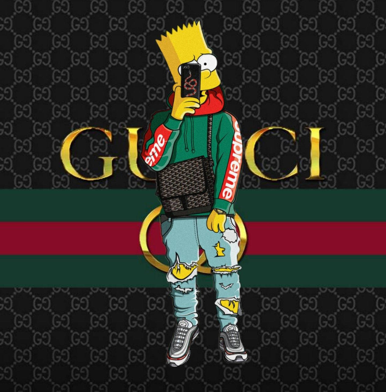 巴特·辛普森穿著Gucci Supreme街頭服飾，在品牌背景前自拍。