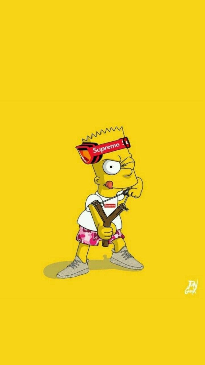 身穿 Supreme 服裝的巴特·辛普森拿著彈弓。