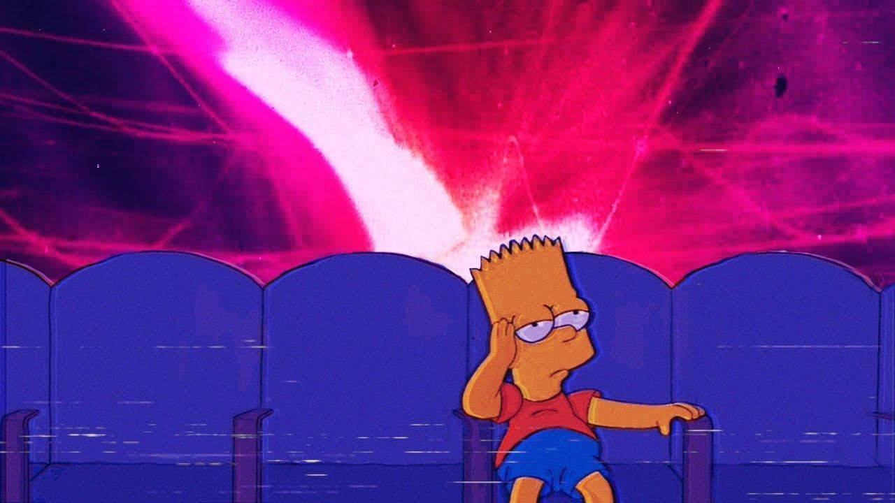 Sad Simpsons 桌布 壁紙 — 巴特·辛普森無聊地坐在戲院座位上，身後屏幕上閃爍著鮮豔的粉紅色和紫色激光燈光。