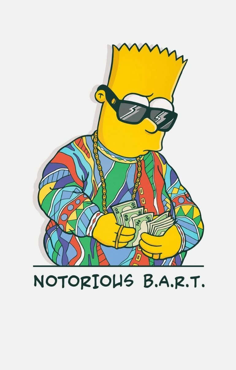 巴特·辛普森戴著太陽眼鏡，拿著現金，附有「NOTORIOUS B.A.R.T.」文字。