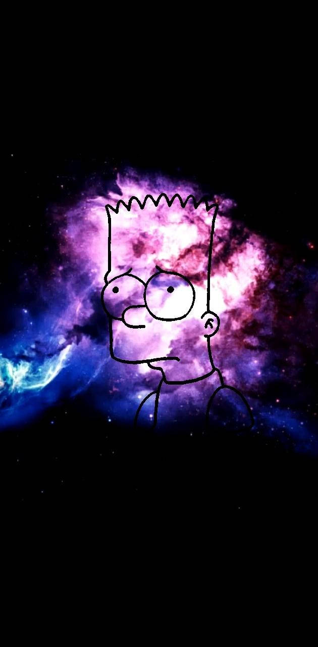 bart simpson sad boy 桌布 壁紙 — 巴特·辛普森的輪廓漂浮在充滿星點的鮮豔紫色和藍色宇宙星雲中。