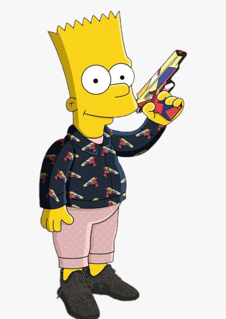 Bart Simpson Gangster 桌布 壁紙 — 巴特·辛普森穿著圖案外套和粉紅色褲子，拿著一把彩色玩具槍，露出得意的笑容。