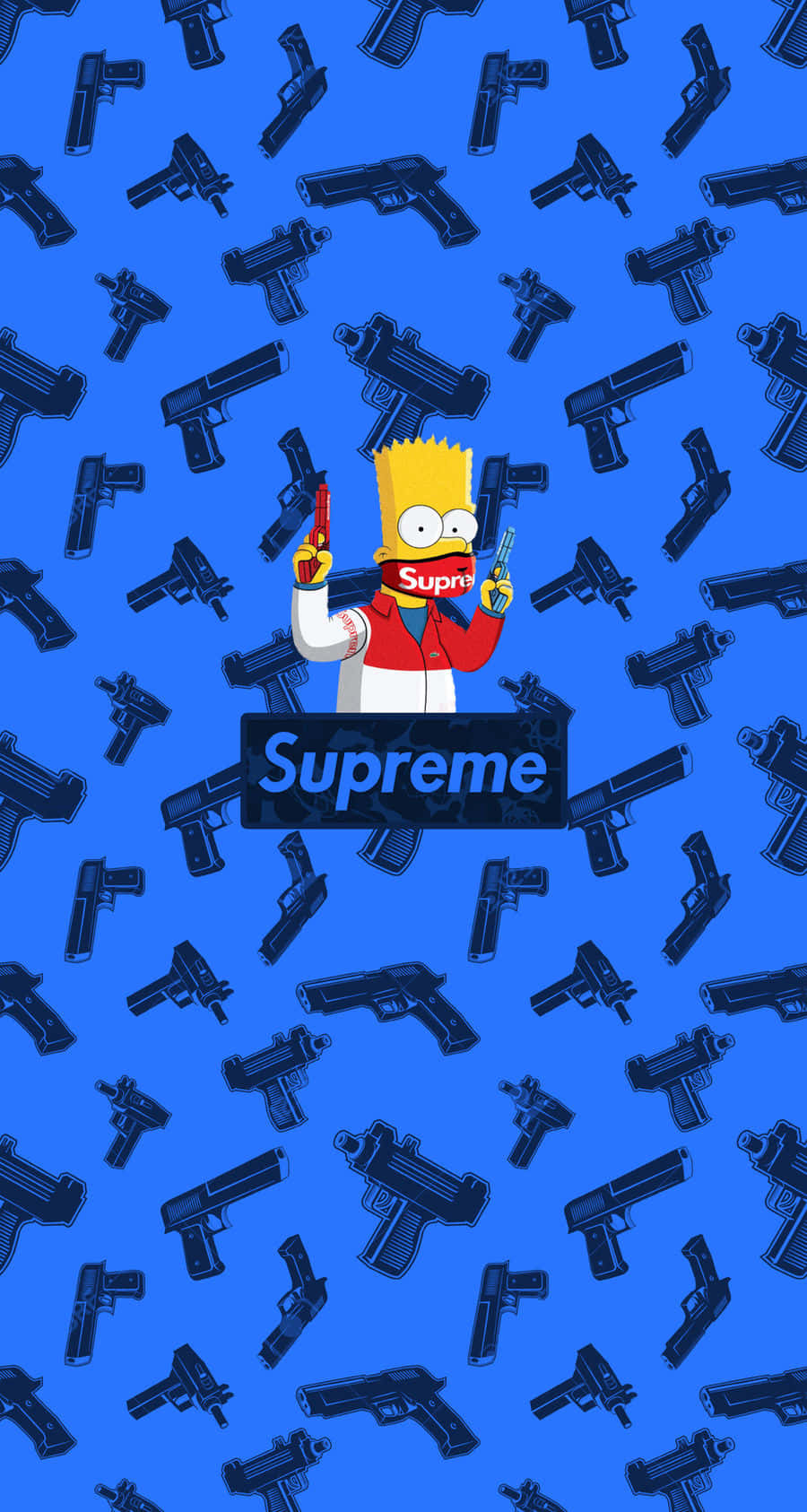 辛普森一家 桌布 壁紙 — 巴特·辛普森穿著紅色Supreme連帽衫，在充滿重複槍支剪影的藍色背景前手持兩把手槍。